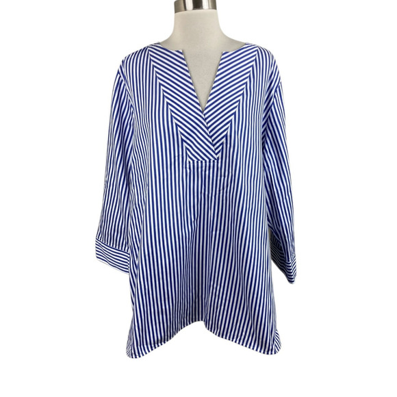 Foxcroft Blue White Stripe V Neck Tunic Blouse Size 20 Office Career Coastal - Picture 1 of 4